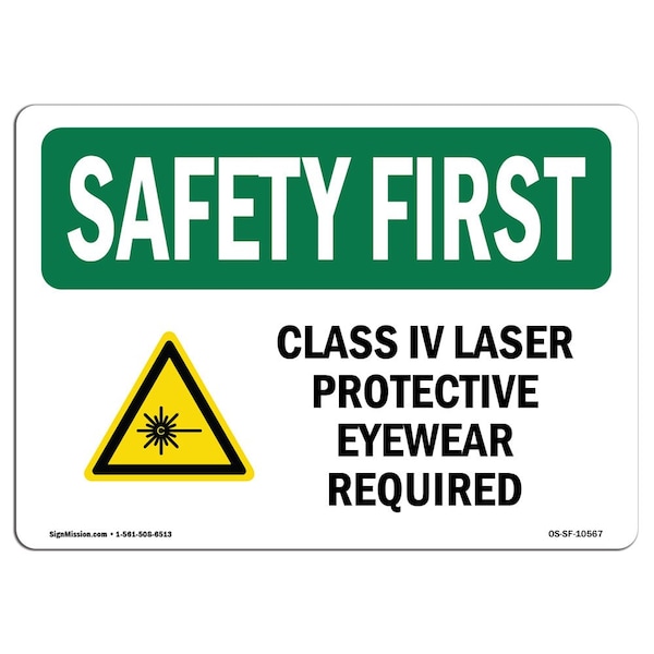 OSHA Sign, Class IV Laser Protective Eyewear, 5in X 3.5in Decal, 10PK, 5" W, 3.5" H, Landscape, PK10